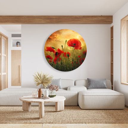 Wandcirkel woonkamer Rode Papavers in een Veld bij Zonsondergang