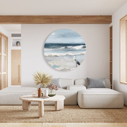 Wandcirkel woonkamer Kunstwerk van een Reiger op het Strand