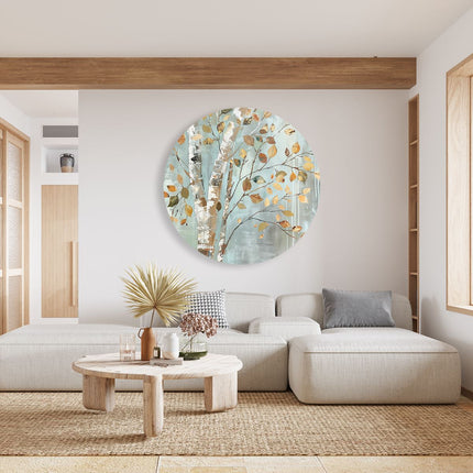 Wandcirkel woonkamer Kunstwerk van een Berk met Herfstbladeren