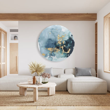 Wandcirkel woonkamer Abstract Kunstwerk van Blauw en Goud