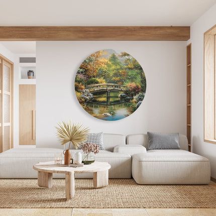 Wandcirkel woonkamer Kunstwerk van een Brug over een Vijver met Zwanen