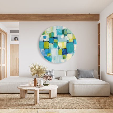 Wandcirkel woonkamer Abstract Kunstwerk met Blauwe, Groene en Gele Vierkanten