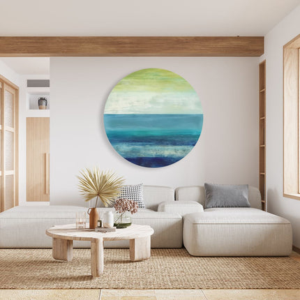 Wandcirkel woonkamer Abstract Kunstwerk van een Blauwe, Groene en Gele Oceaan