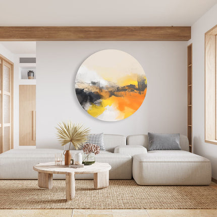 Wandcirkel woonkamer Abstract Kunstwerk van Geel, Zwart en Wit
