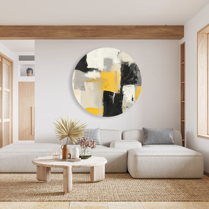 Wandcirkel woonkamer Abstract Kunstwerk met Gele, Zwarte en Witte Vierkanten