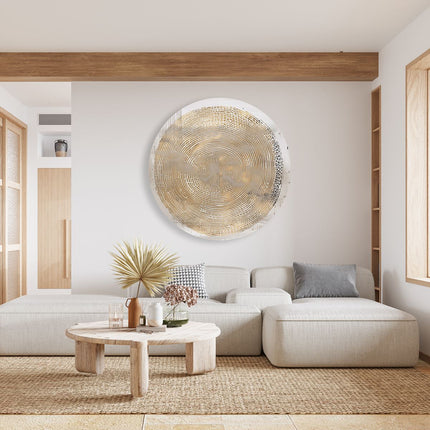 Wandcirkel woonkamer Abstract Kunstwerk van een Gouden Cirkel op een Witte Achtergrond