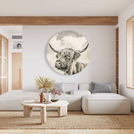 Wandcirkel woonkamer Schotse Hooglandkoe met Hoorns
