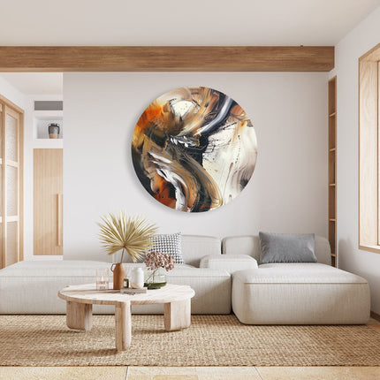 Wandcirkel woonkamer Abstract Kunstwerk met Zwarte, Oranje en Witte Kleuren