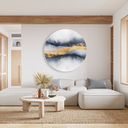 Wandcirkel woonkamer Abstract Kunstwerk van Goud en Blauw
