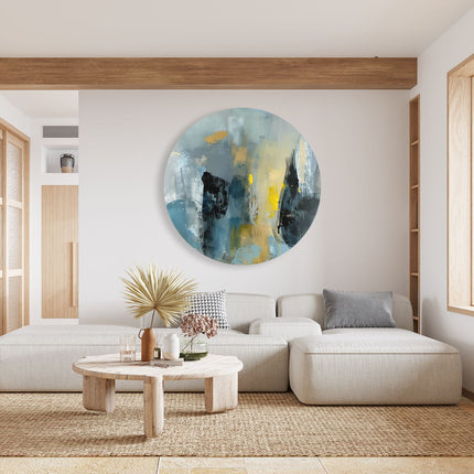 Wandcirkel woonkamer Abstract Kunstwerk met Gele, Blauwe en Grijze Kleuren