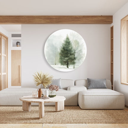 Wandcirkel woonkamer Aquarelkunstwerk van een Boom in de Sneeuw