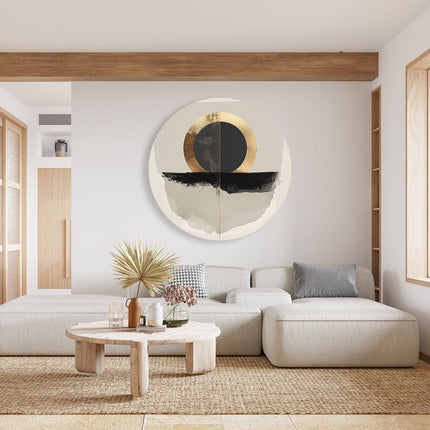Wandcirkel woonkamer Zwart en Goud Kunstwerk met een Cirkel in het Midden