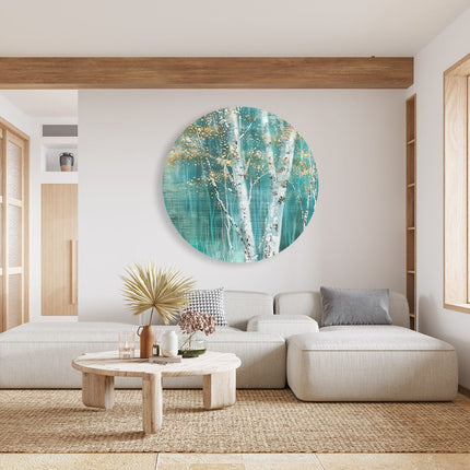 Wandcirkel woonkamer Kunstwerk van Berkenbomen in Turkoois en Goud