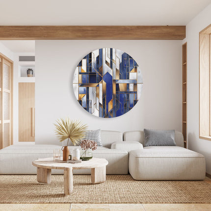 Wandcirkel woonkamer Blauw en Goud Geometrisch Patroon op een Witte Achtergrond
