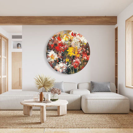 Wandcirkel woonkamer Rode, Gele en Witte Bloemen in een Vaas