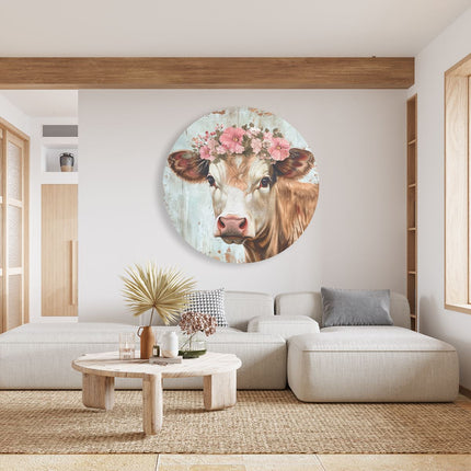 Wandcirkel woonkamer Koe met Bloemen op haar Hoofd