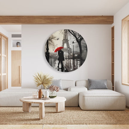 Wandcirkel woonkamer Paar dat een Paraplu in de Regen Houdt Dichtbij de Eiffeltoren