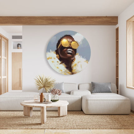 Wandcirkel woonkamer Vrouw met Gouden Zonnebril en een Bontjas