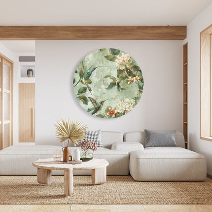 Wandcirkel woonkamer Kolibries en Bloemen op een Groene Achtergrond