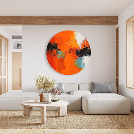 Wandcirkel woonkamer Abstract Kunstwerk met Oranje, Blauwe en Zwarte Kleuren