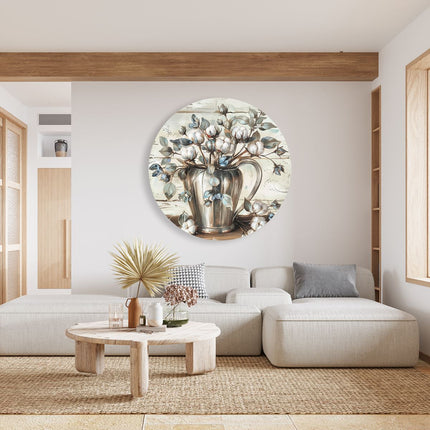 Wandcirkel woonkamer Kunstwerk van Bloemen in een Zilveren Kan op een Houten Tafel