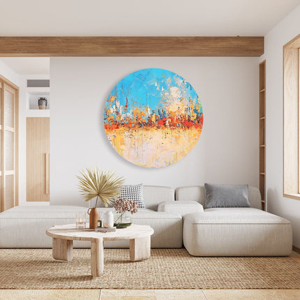 Wandcirkel woonkamer Abstract Kunstwerk in Blauw, Oranje en Geel