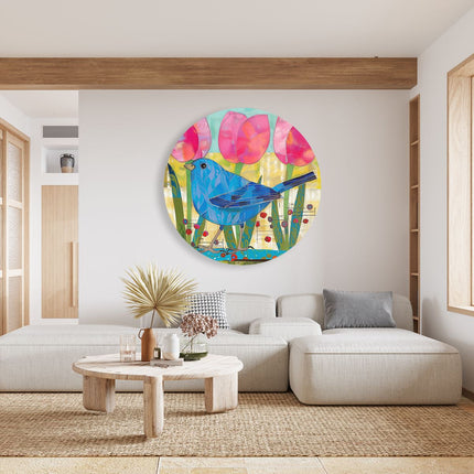 Wandcirkel woonkamer Blauwe Vogel met Roze Tulpen