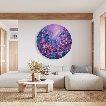 Wandcirkel woonkamer Paarse en Roze Bloemen in de Lucht