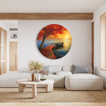 Wandcirkel woonkamer Boot op een Dok bij Zonsondergang