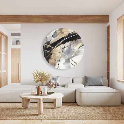 Wandcirkel woonkamer Abstract Kunstwerk met Gouden en Zwarte Lijnen