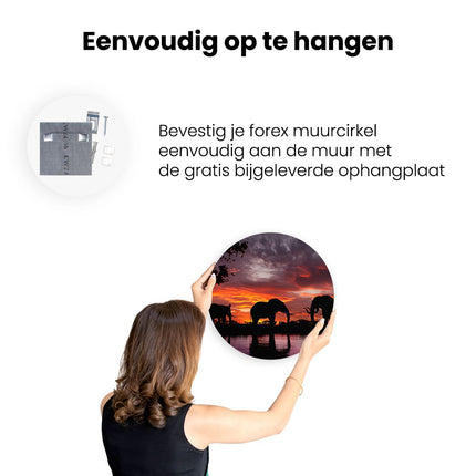 Wandcirkel ophangen Olifanten Tijdens Zonsondergang - Silhouet