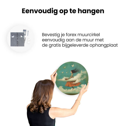 Wandcirkel ophangen Meisje in een Oranje Jurk die in de Wolken Vliegt