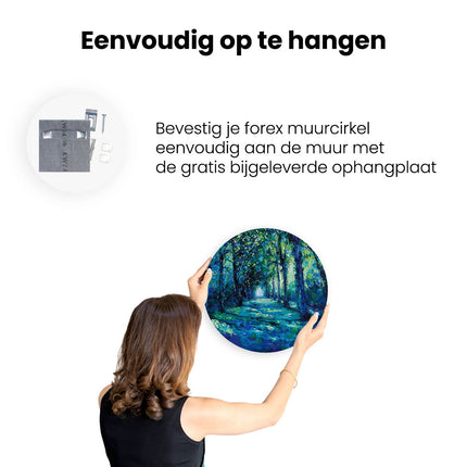 Wandcirkel ophangen Kunstwerk van een Blauw Pad in het Bos