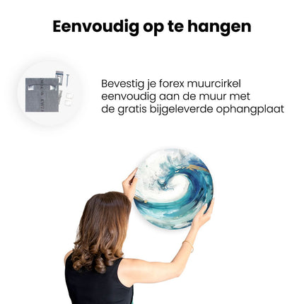 Wandcirkel ophangen Abstract Kunstwerk van een Blauwe en Witte Golf