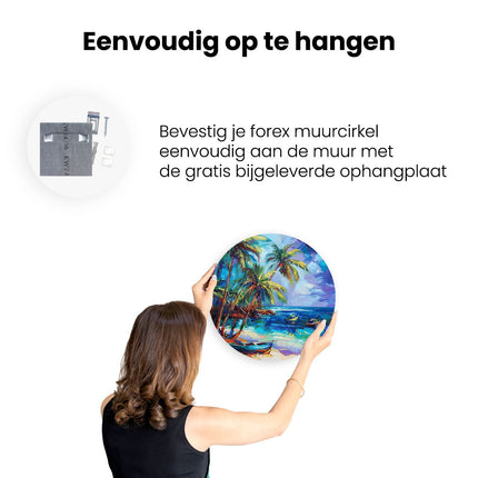 Wandcirkel ophangen Kunstwerk van een Strand met Boten en Palmbomen