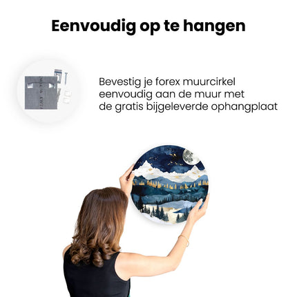 Wandcirkel ophangen Aquarelkunstwerk van een Besneeuwd Landschap met een Volle Maan