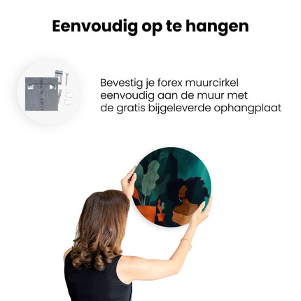 Wandcirkel ophangen Illustratie van een Vrouw met Afrohaar en een Potplant