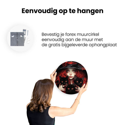 Wandcirkel ophangen Meisje met Zwarte Katten die een Heksenhoed Vasthouden