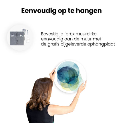 Wandcirkel ophangen Blauwe, Gele en Groene Cirkels op een Witte Achtergrond
