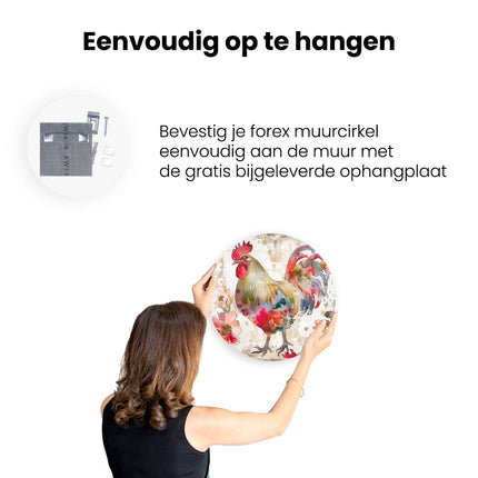 Wandcirkel ophangen Aquarelkunstwerk van een Haan met Bloemen