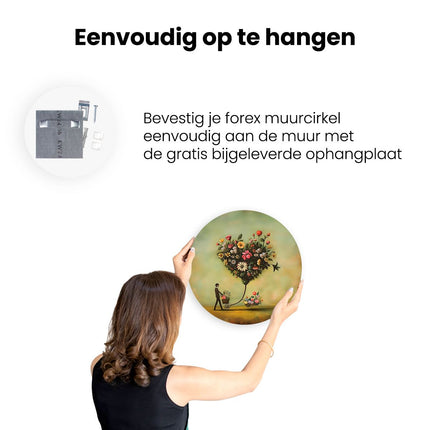 Wandcirkel ophangen Man die een Kar Voortduwt met een Hartvormig Boeket Bloemen