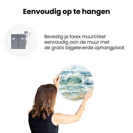 Wandcirkel ophangen Aquarelkunstwerk van een Golf op het Strand
