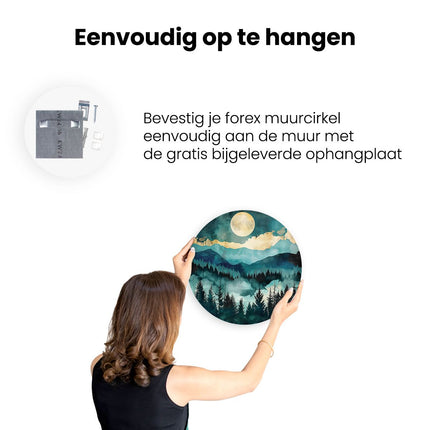 Wandcirkel ophangen Aquarelkunstwerk van Bergen en een Volle Maan