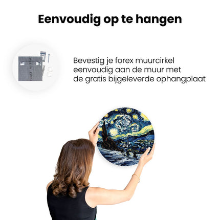 Wandcirkel ophangen Kunstwerk van een Sterrennacht met Mensen op Ski's