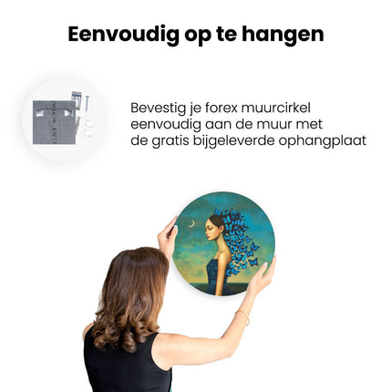 Wandcirkel ophangen Vrouw met Blauwe Vlinders op haar Hoofd