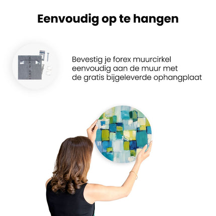 Wandcirkel ophangen Abstract Kunstwerk met Blauwe, Groene en Gele Vierkanten