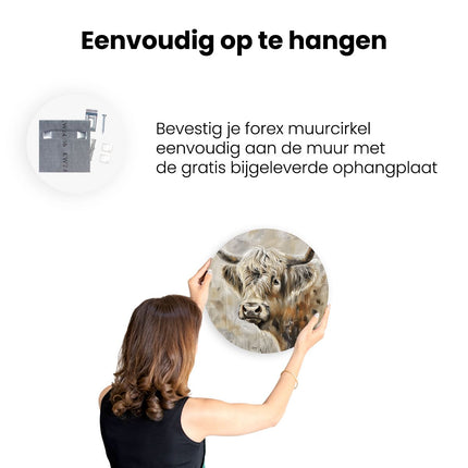 Wandcirkel ophangen Kunstwerk van een Hooglandkoe