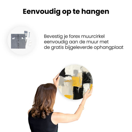 Wandcirkel ophangen Abstract Kunstwerk met Gele, Zwarte en Witte Vierkanten