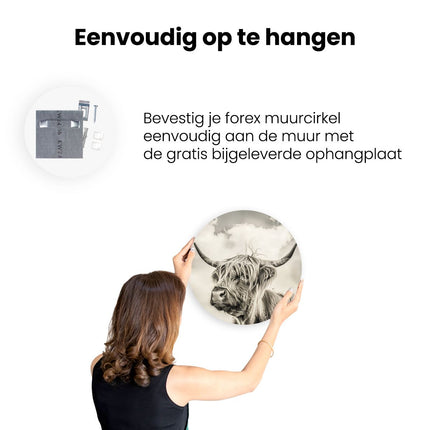 Wandcirkel ophangen Schotse Hooglandkoe met Hoorns