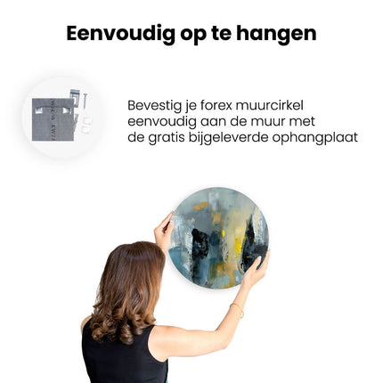Wandcirkel ophangen Abstract Kunstwerk met Gele, Blauwe en Grijze Kleuren